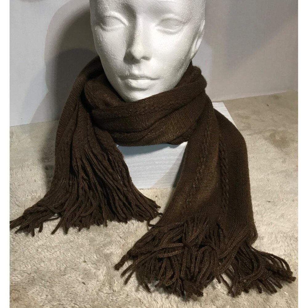 Ardene Scarf Brown Cable Knit Acrylic With Fringe 8" Wide 68" Long New